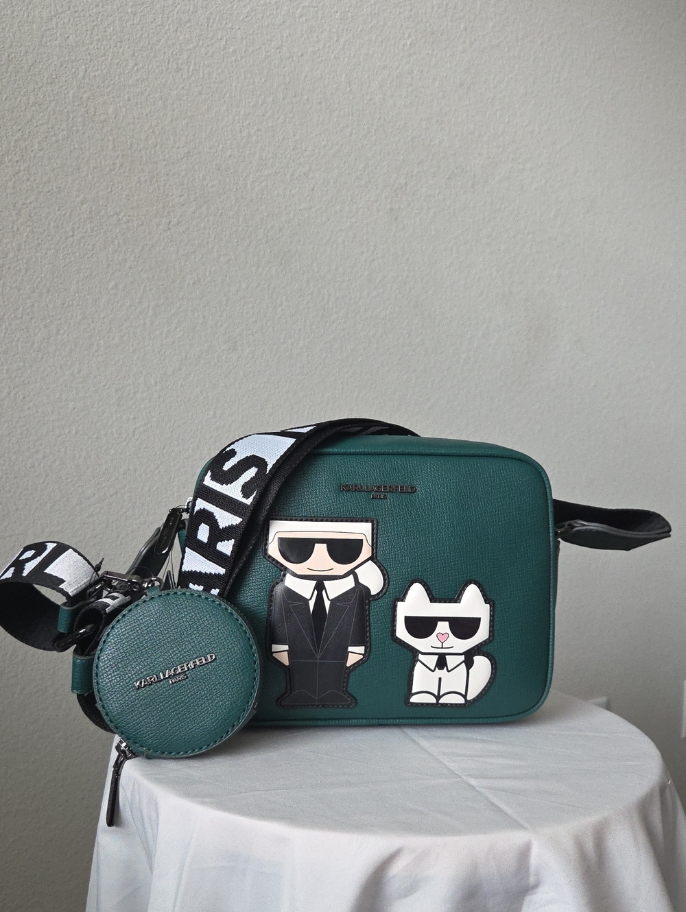 Karl Lagerfeld Veridian Green Crossbody Camera Bag Character Appliqués Coin Pouc